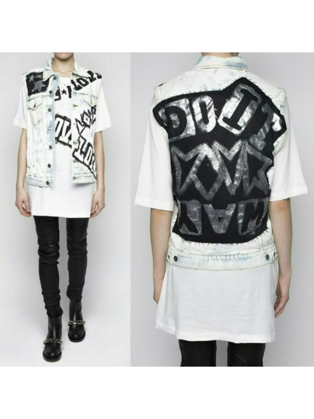 Faith Connexion $985 White Denim Vest Graffiti Print Punk Art to Wear DIY - Picture 2 of 16